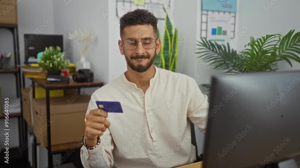 A young, hispanic man in glasses is holding a credit card at his workplace, surrounded by office supplies and plants, while working on a computer. A young, hispanic man in glasses is holding a credit card at his workplace, surrounded by office supplies and plants, while working on a computer.