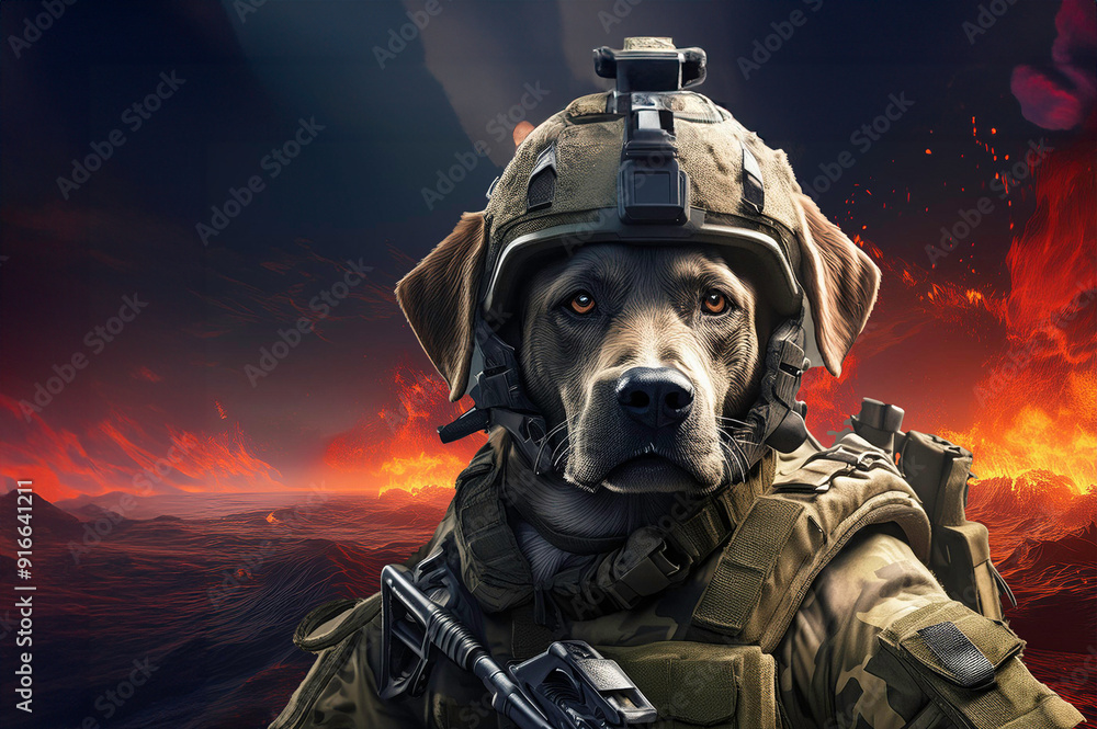 Ein Hund als Soldat dargestellt