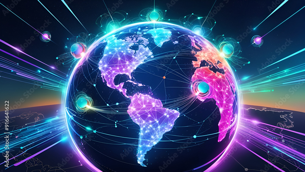 Fototapeta premium Communication technology with global internet network connected in Europe. Telecommunication and data transfer european connection links. IoT, finance, business, blockchain, security. 