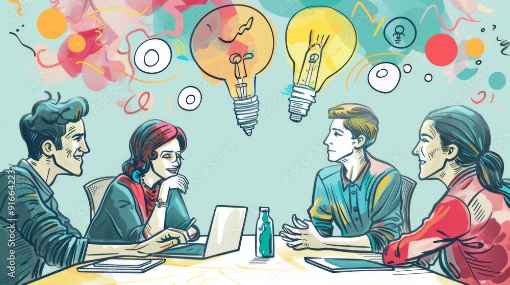 Illustration of colleagues exchanging creative ideas during a brainstorming session Illustration of colleagues exchanging creative ideas during a brainstorming session