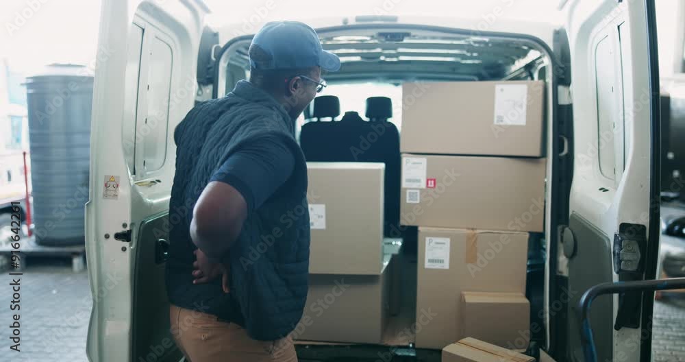 Black man, delivery and back pain with box from accident, lifting or heavy cargo in van or vehicle. Young African or courier guy with sore spine, muscle or joint injury in logistics or transport Black man, delivery and back pain with box from accident, lifting or heavy cargo in van or vehicle. Young African or courier guy with sore spine, muscle or joint injury in logistics or transport