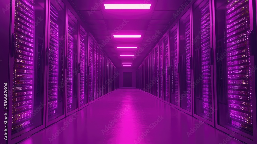 Fototapeta premium Data Center, modern hi-tech server room in purple neon colors. Ai generation