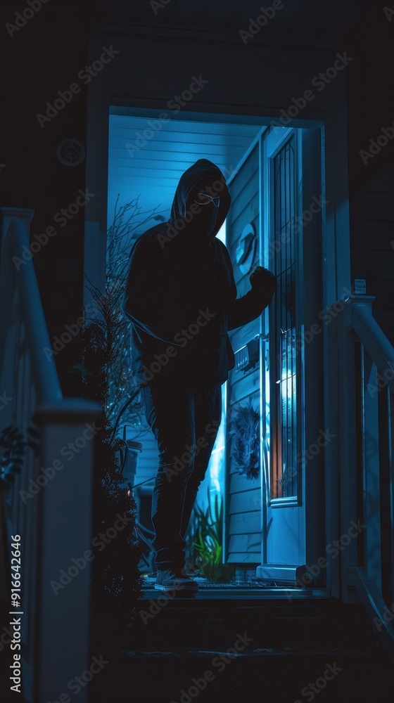 Fototapeta premium A shadowy figure stands at a brightly lit doorway late at night