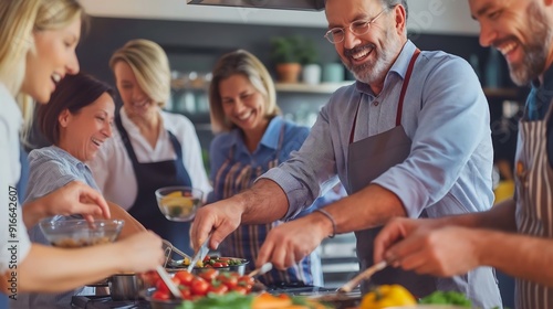 A group of elderly people cooking together, smiling and laughing happily in the kitchen.
