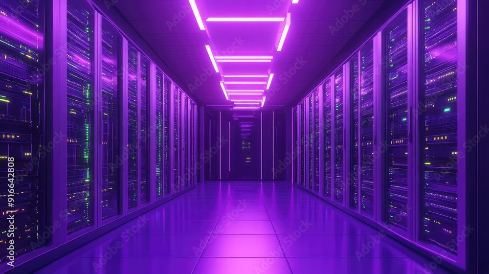 Data Center, modern hi-tech server room in purple neon colors. Ai generation Data Center, modern hi-tech server room in purple neon colors. Ai generation