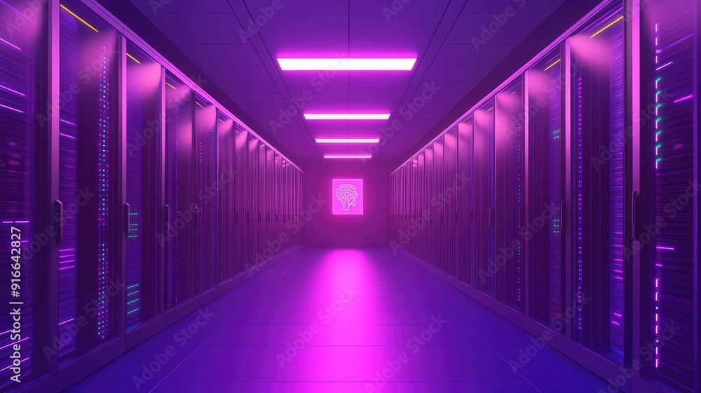 Data Center, modern hi-tech server room in purple neon colors. Ai generation Data Center, modern hi-tech server room in purple neon colors. Ai generation