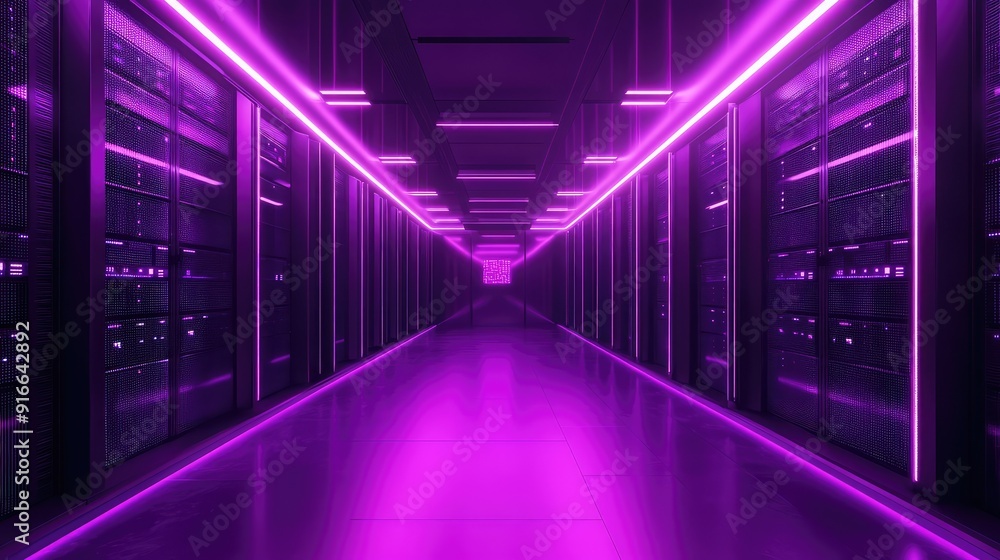 Data Center, modern hi-tech server room in purple neon colors. Ai generation Data Center, modern hi-tech server room in purple neon colors. Ai generation