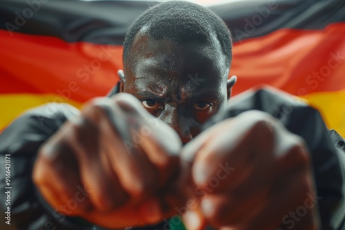 Anti-Immigrant Rhetoric Escalates in Germany.  Dramatic scene of resolute nigerian man germany flag tension. Unyielding spirit of man holding two nations' identities together. photo