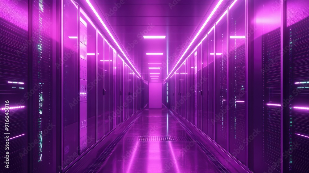 Data Center, modern hi-tech server room in purple neon colors. Ai generation Data Center, modern hi-tech server room in purple neon colors. Ai generation