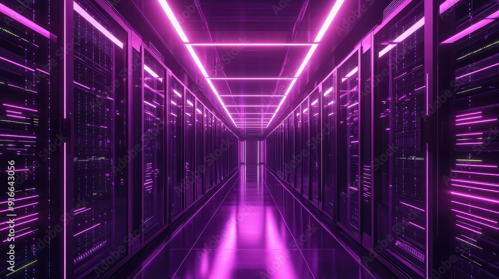 Data Center, modern hi-tech server room in purple neon colors. Ai generation Data Center, modern hi-tech server room in purple neon colors. Ai generation