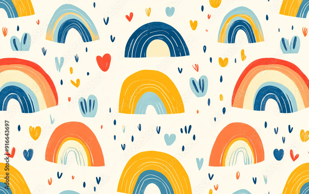 Rainbow arches and scattered hearts dance in a playful, seamless pattern. Rainbow arches and scattered hearts dance in a playful, seamless pattern.