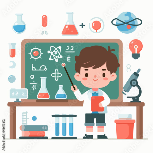 Little scientist wearing coat and doing research in laboratory. flat illustration