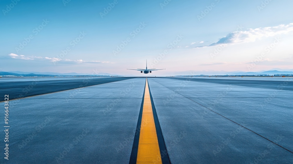 Fototapeta premium Lone airplane gangway on tarmac, contrasting with vast runway.