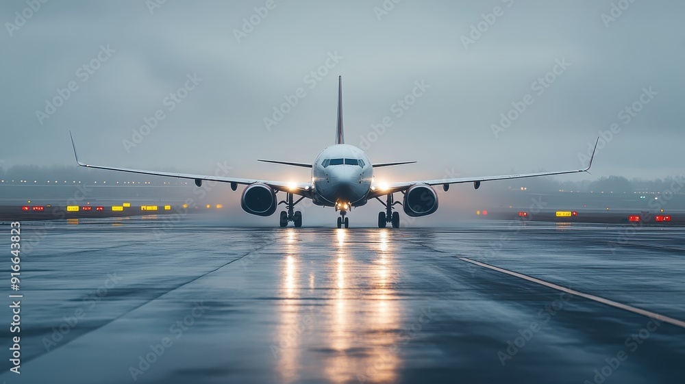 Airplane gangway shrouded in mist, illuminated by landing lights of approaching aircraft.