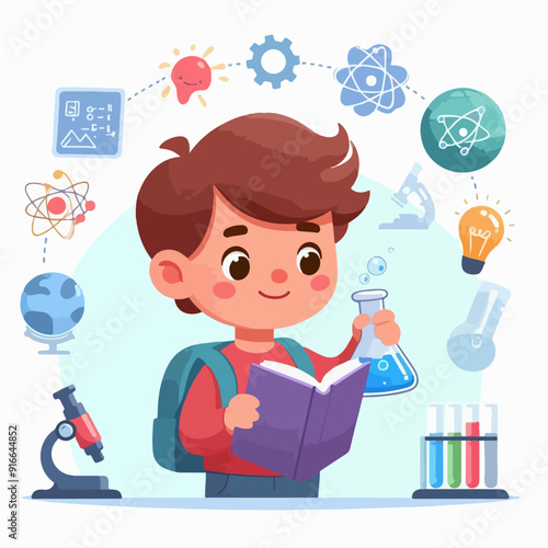 Little scientist wearing coat and doing research in laboratory. flat illustration
