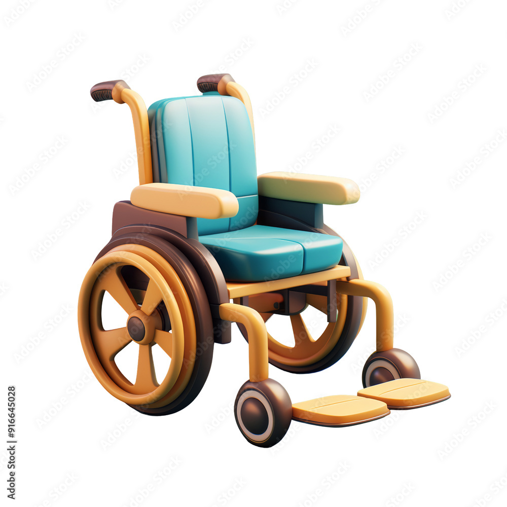 A 3D cartoon rendering of a blue wheelchair isolated on transparent background. A 3D cartoon rendering of a blue wheelchair isolated on transparent background.