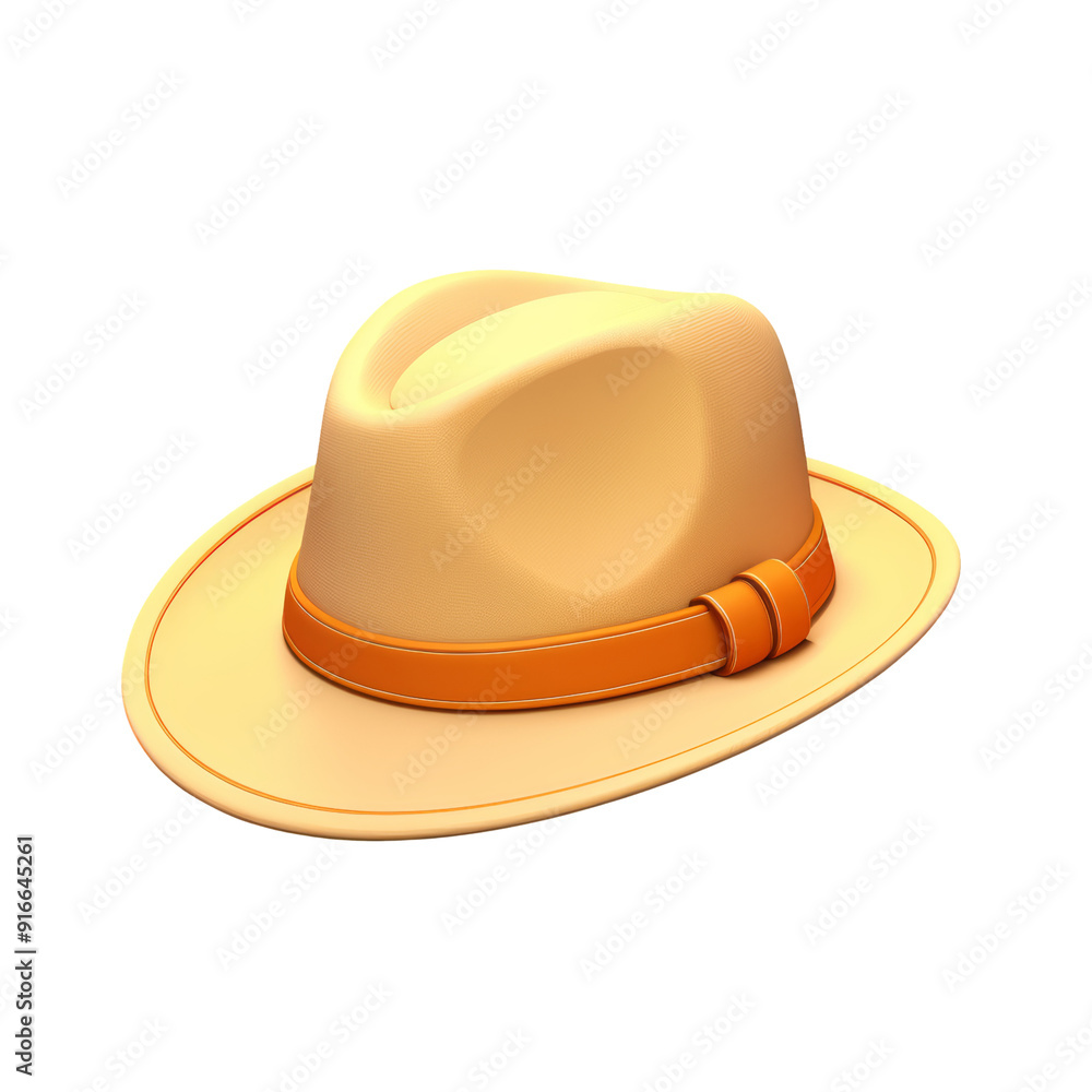 A light brown fedora with a bright orange band, rendered in a 3D style. A light brown fedora with a bright orange band, rendered in a 3D style.