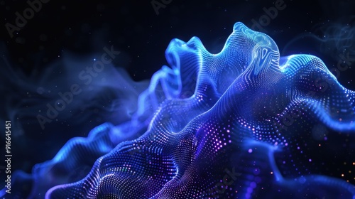 Glowing blue digital mesh on a black background, forming abstract blob shapes with dark purple edges black gradient lighting and volumetric fog