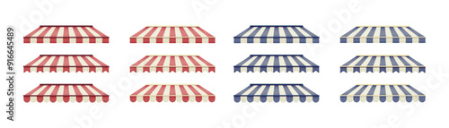 Set of striped awning for cafe. Striped shop canopy. Store or cafe sunshade awning.