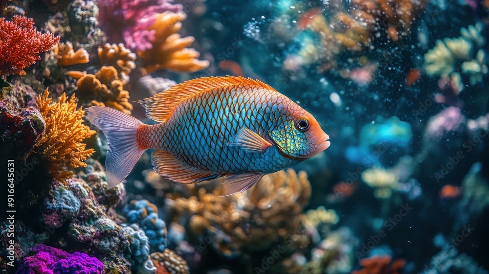 Obraz premium Colorful Fish Swimming Past Coral Reef