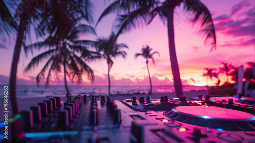 DJ console against palm trees and beautiful sunset