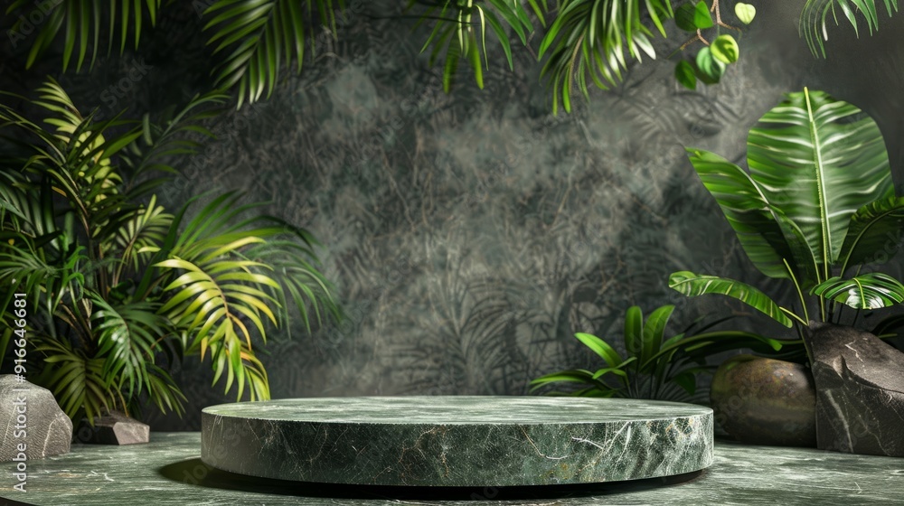 Background podium jungle product platform 3D green stone display pedestal. Background podium jungle tree nature leaf tropical cosmetic summer forest plant garden stage water presentation stone table Background podium jungle product platform 3D green stone display pedestal. Background podium jungle tree nature leaf tropical cosmetic summer forest plant garden stage water presentation stone table