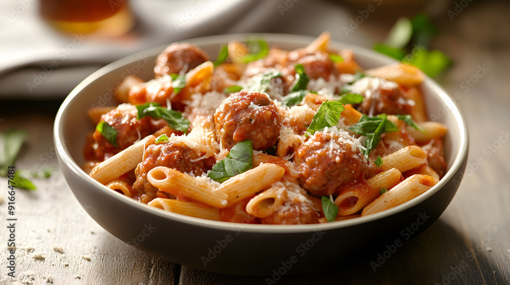 Penne pasta with meatballs in bowl professional advertising food photo Penne pasta with meatballs in bowl professional advertising food photo