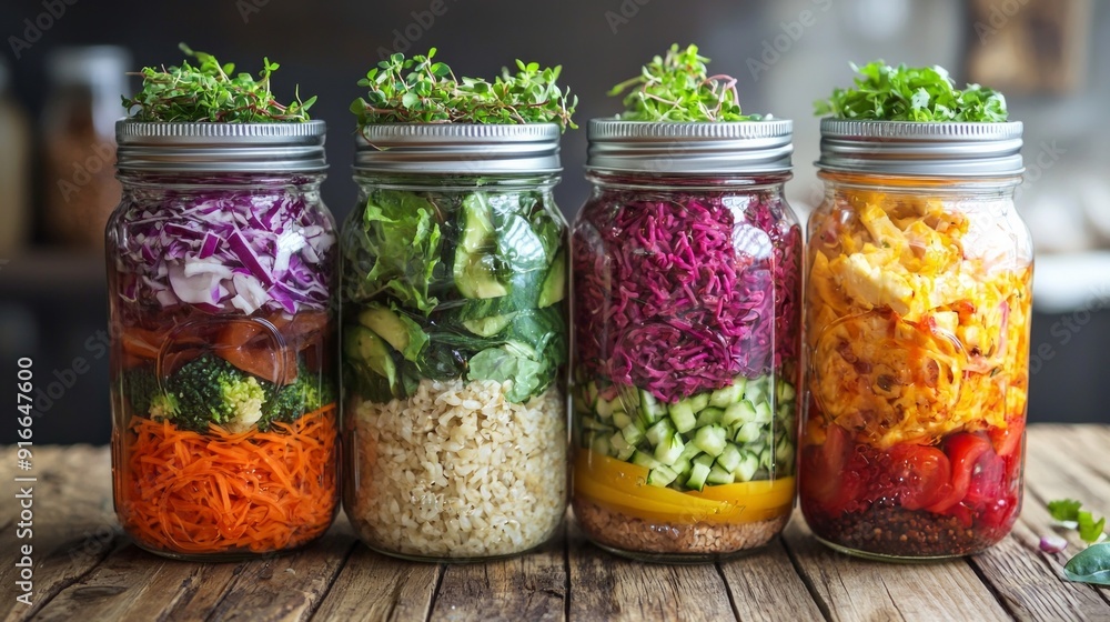 Three glass jars with layering various vegan salads for healthy lunch. The concept of fitness and vegetarian food. Three glass jars with layering various vegan salads for healthy lunch. The concept of fitness and vegetarian food.