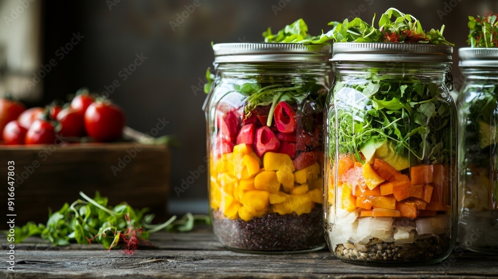 Three glass jars with layering various vegan salads for healthy lunch. The concept of fitness and vegetarian food. Three glass jars with layering various vegan salads for healthy lunch. The concept of fitness and vegetarian food.