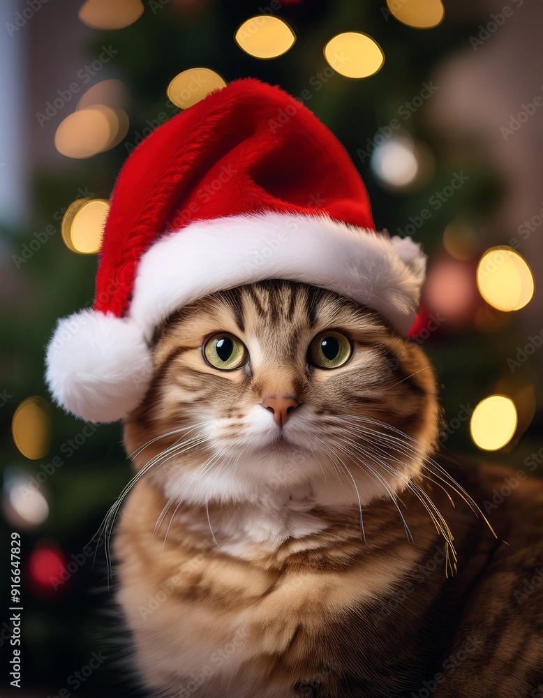 Cute cat wearing christmas hat with bokeh background Cute cat wearing christmas hat with bokeh background