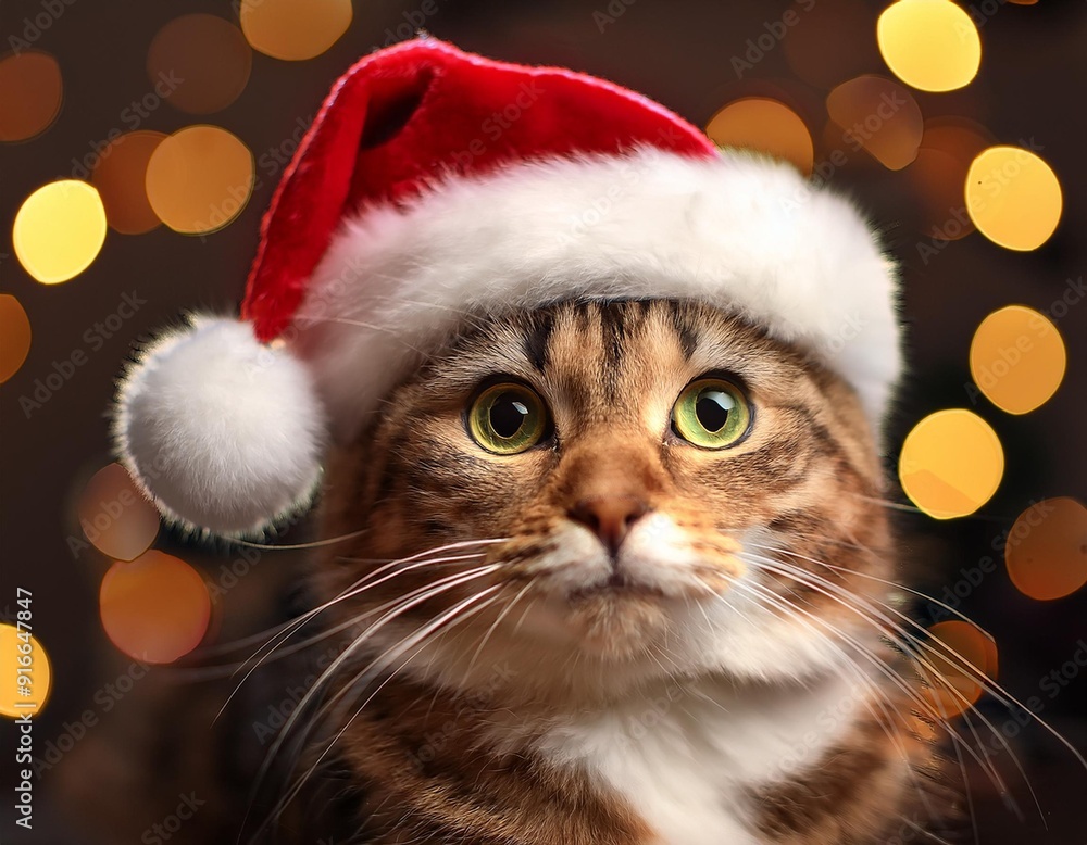 Cute cat wearing christmas hat with bokeh background Cute cat wearing christmas hat with bokeh background