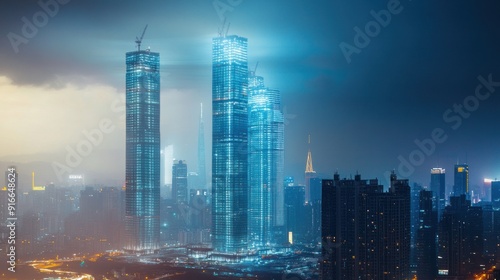 Skyscrapers Under a Foggy Blue Sky