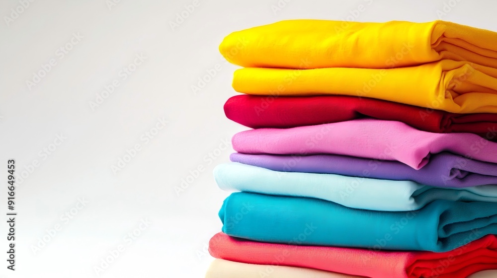 Stack of colorful cotton fabrics with bright hues on a white background, leaving empty space for creative branding Stack of colorful cotton fabrics with bright hues on a white background, leaving empty space for creative branding