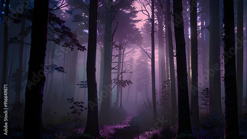 A serene twilight forest background with deep blue 