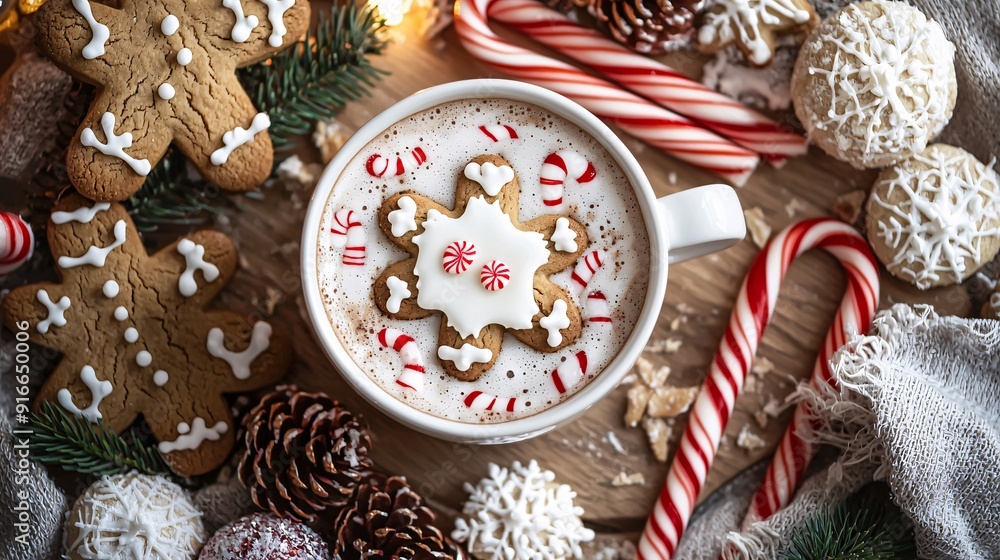 Fototapeta premium Joyful Holiday Spirit Flat Lay Delight: A Festive Arrangement of Irresistibly Decorated Gingerbread Cookies, Twinkling Ornaments, and Cozy Winter Textiles