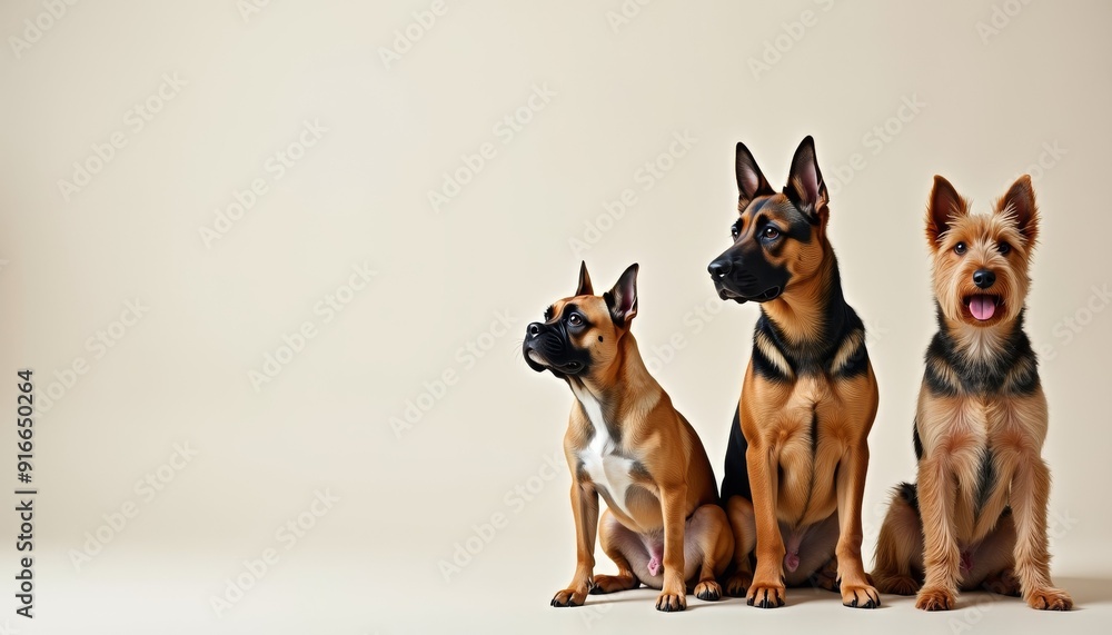 A trio of dogs of different breeds on a neutral background. Each dog showcases characteristic features of its breed. The contrast in sizes and colors creates a visually appealing composition. A trio of dogs of different breeds on a neutral background. Each dog showcases characteristic features of its breed. The contrast in sizes and colors creates a visually appealing composition.
