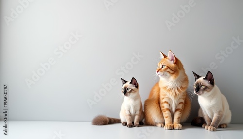 Three cats of different breeds on a light background. The contrast in colors and sizes creates a harmonious composition. The cats sit upright, showcasing characteristic features of their breeds.