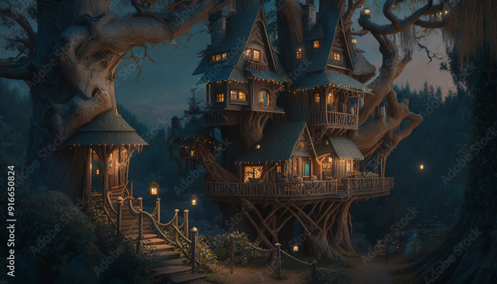 Obraz premium Beautiful fairytale treehouse village. Surreal mystical fantasy artwork