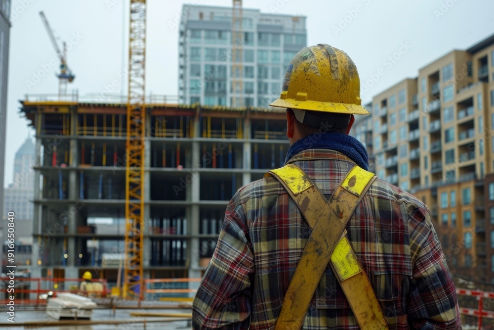 Construction worker observes a high-rise building under construction in an urban area. It is of industrial photography type with aim to capture the essence of ongoing urban development. Generative AI Construction worker observes a high-rise building under construction in an urban area. It is of industrial photography type with aim to capture the essence of ongoing urban development. Generative AI