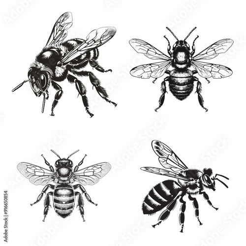 Four different types of bees are shown in black and white. The first bee is a large, black and yellow bee with a striped abdomen