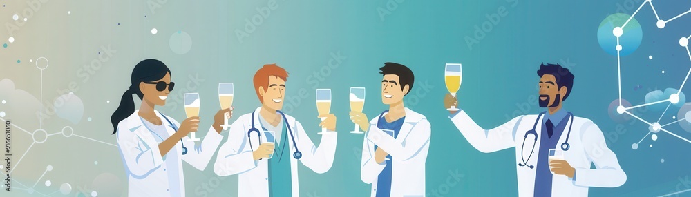 A group of doctors celebrating with drinks, showing unity and success in the medical field against a scientific-themed background illustration. A group of doctors celebrating with drinks, showing unity and success in the medical field against a scientific-themed background illustration.