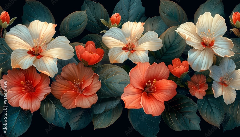 An elegant wallpaper design with a black background, highlighting a bunch of leaves and flowers An elegant wallpaper design with a black background, highlighting a bunch of leaves and flowers