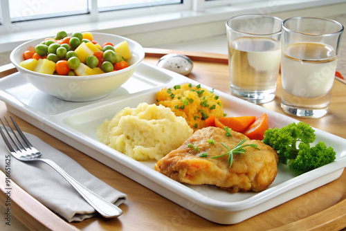 A sterile white tray holds a nutritious hospital meal of chicken, mashed potatoes, and mixed vegetables, accompanied by a glass of water and utensils. photo