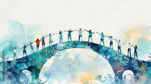 Watercolor painting of diverse people standing on a bridge, holding hands, symbolizing unity, community, and togetherness against a dreamy background.