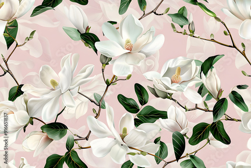 Seamless Vintage Watercolor White Magnolia French Floral with Leaves Textile, Fabric Design, and Elegant Home Styling on Pink Background, HD wall Stickers, Wallpaper