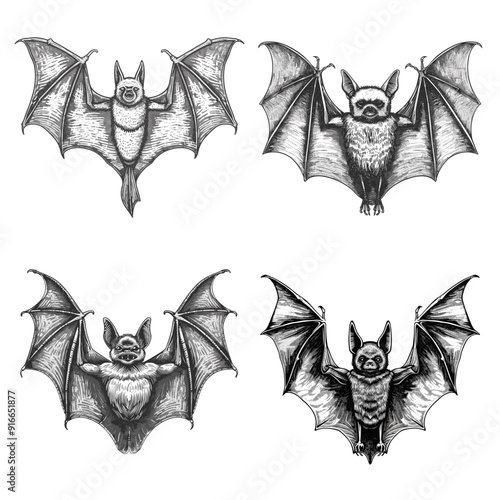 Four black and white drawings of bats with wings spread out. The drawings are of different sizes and styles, but all have a similar theme of bats. The mood of the images is dark and mysterious