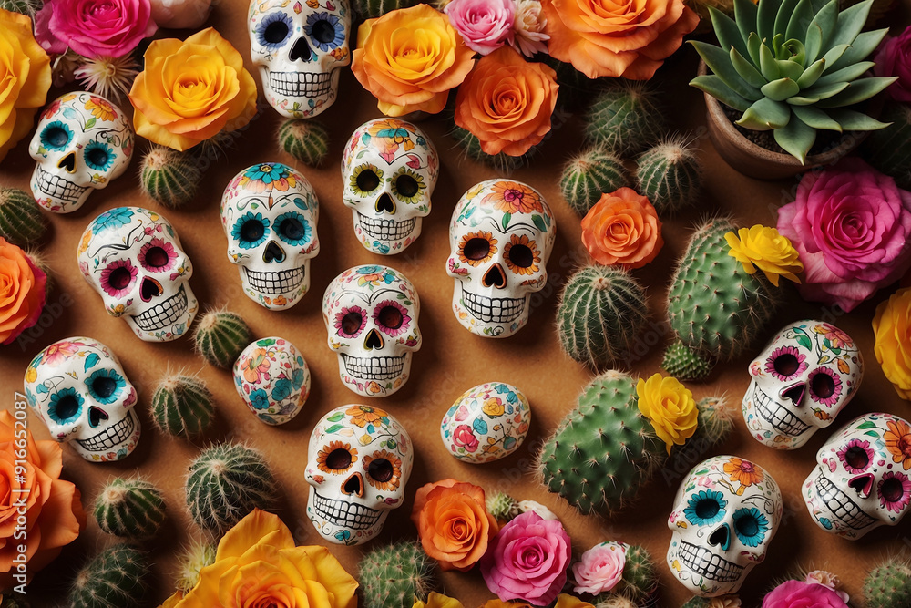 Celebrate in style.Cinco de Mayo fiesta! Sugar skulls & cacti in colorful flat lay. Celebrate in style.Cinco de Mayo fiesta! Sugar skulls & cacti in colorful flat lay.