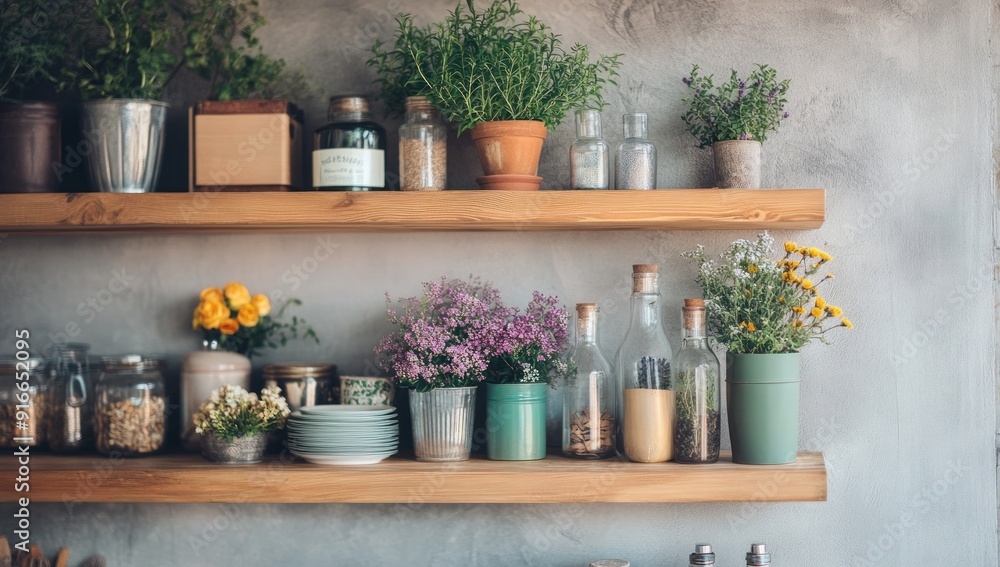 Shelves Decorated with Plants and Glass Bottles Shelves Decorated with Plants and Glass Bottles