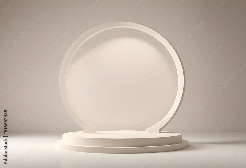 Minimalist 3D cream podium display with a circle shape backdrop with a clean design on a cream background Minimalist 3D cream podium display with a circle shape backdrop with a clean design on a cream background