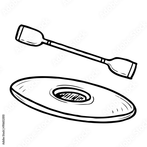 Kayak with paddle hand drawn in doodle style. One-person boat for river rafting. Vector line art illustration.